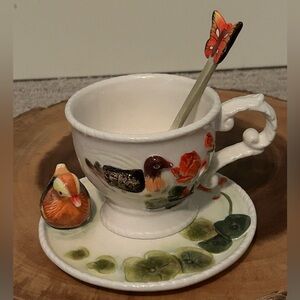 Botanical Collection by Corner Ruby Duck Teacup, Saucer & Butterfly Spoon NWOT.